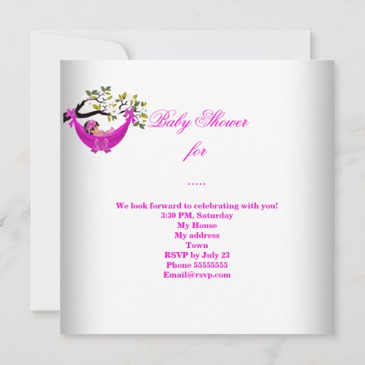 かわいい赤ちゃんシャワー女の子ベビーホットピンクハンモックマジカ 招待状 (裏面)