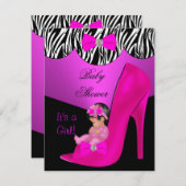 かわいい赤ちゃんシャワー女の子ホットピンクのベビーシューズブラック 招待状 (正面/裏面)