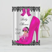 かわいい赤ちゃんシャワー女の子ホットピンクシューブラックレース 招待状 (スタンド正面)