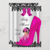 かわいい赤ちゃんシャワー女の子ホットピンクシューブラックレース 招待状 (正面/裏面)
