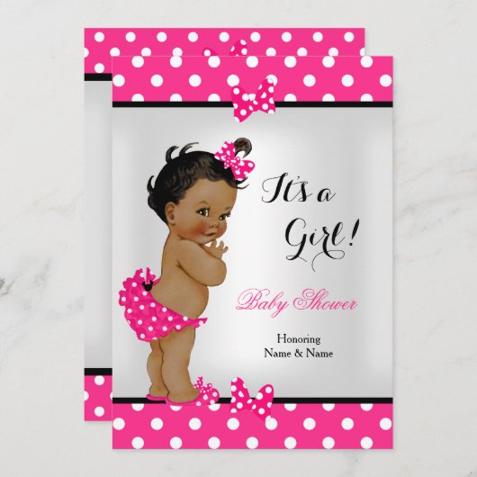 かわいい赤ちゃんシャワー女の子ホットピンクブラックエスニック 招待状 (正面/裏面)