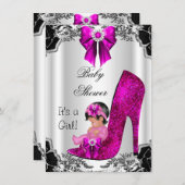 かわいい赤ちゃんシャワー女の子ホットピンク高ヒールフローラ 招待状 (正面/裏面)