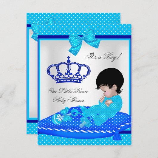 かわいい赤ちゃんシャワー少年ブルーリトルプリンスクラウン 招待状 (正面/裏面)