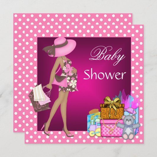 かわいい赤ちゃんシャワー招待状ピンクスポットギフトベア 招待状 (正面/裏面)