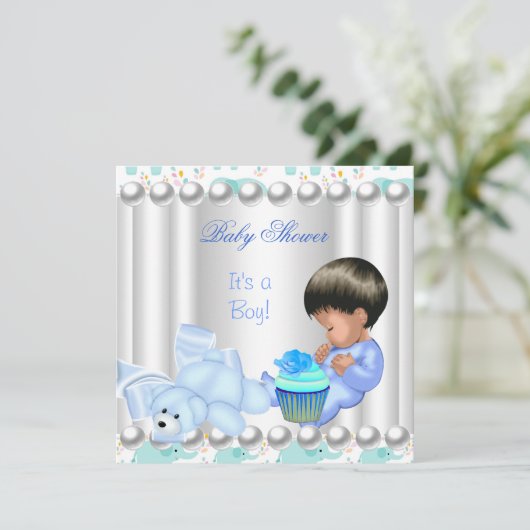 かわいい赤ちゃんシャワー男の子ブルーカップケーキ 招待状 (スタンド正面)