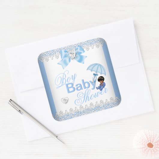 かわいい赤ちゃんシャワー男の子ブルーホワイトアフリカアメリカ スクエアシール (封筒)