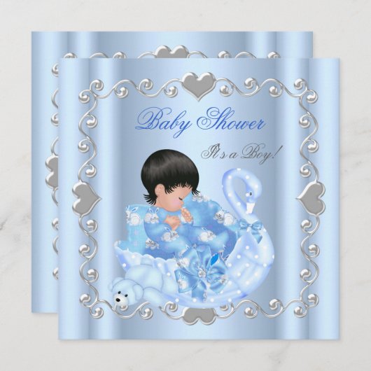 かわいい赤ちゃんシャワー男の子ベビーブルースワン 招待状 (正面/裏面)