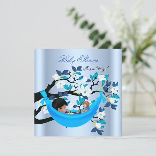 かわいい赤ちゃんシャワー男の子ベビーブルーハンモック 招待状 (スタンド正面)