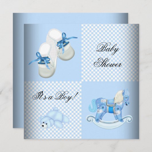 かわいい赤ちゃんシャワー男の子ベビーブルーブーティーシューズ 招待状 (正面/裏面)
