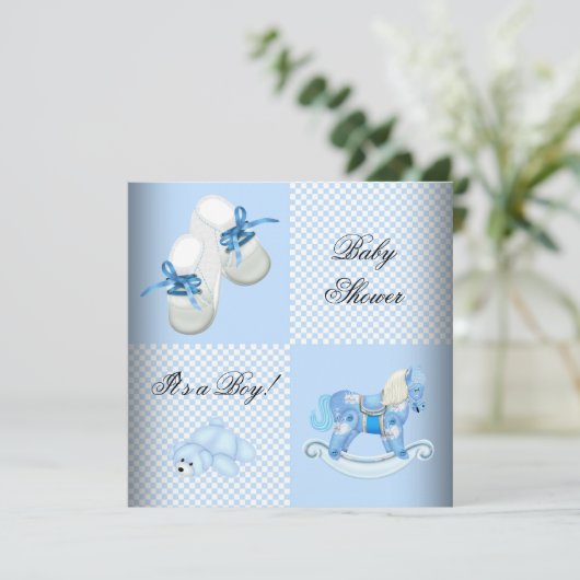 かわいい赤ちゃんシャワー男の子ベビーブルーブーティーシューズ 招待状 (スタンド正面)