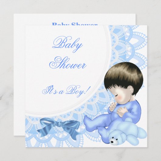 かわいい赤ちゃんシャワー男の子ベビーブルーホワイト 招待状 (正面/裏面)