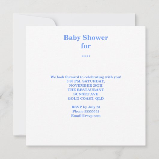 かわいい赤ちゃんシャワー男の子ベビーブルーホワイト 招待状 (裏面)