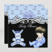かわいい赤ちゃんシャワー男の子ベビーブルー白黒 招待状 (正面/裏面)