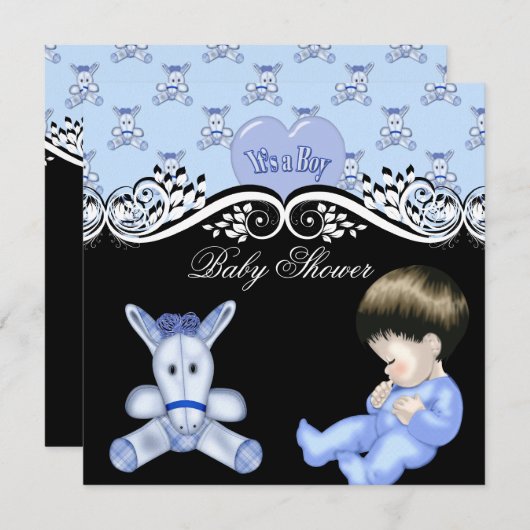 かわいい赤ちゃんシャワー男の子ベビーブルー白黒 招待状 (正面/裏面)