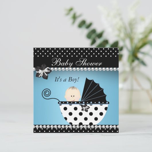 かわいい赤ちゃんシャワー男の赤ちゃんブルーブラックグラム 招待状 (スタンド正面)