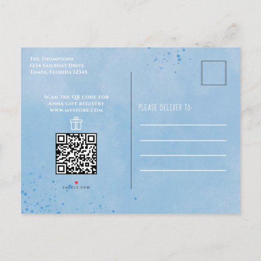 かわいい赤ちゃんシャワー船アホイQRコードギフトレジストリ インビテーションポストカード (裏面)