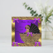 かわいい赤ちゃんシャワー赤ちゃん女の子ヒョウ紫金ゴールド 招待状 (スタンド正面)