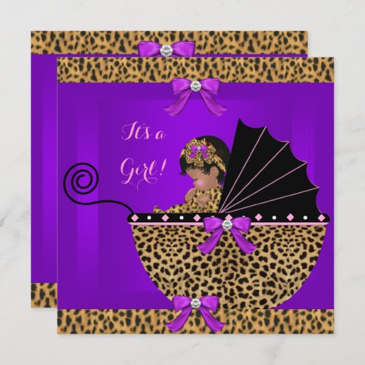 かわいい赤ちゃんシャワー赤ちゃん女の子ヒョウ紫 招待状 (正面/裏面)