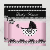 かわいい赤ちゃんシャワー赤ちゃん女の子ピンクブラックパール 招待状 (正面/裏面)