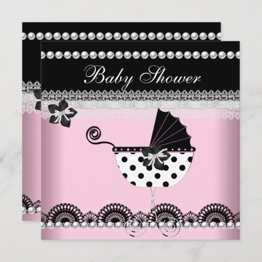 かわいい赤ちゃんシャワー赤ちゃん女の子ピンクブラックパール 招待状 (正面/裏面)
