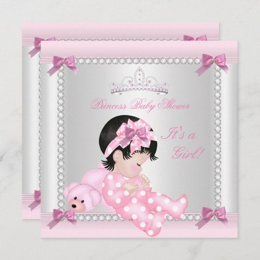 かわいい赤ちゃんシャワー赤ちゃん女の子ピンクベアー 招待状 (正面/裏面)