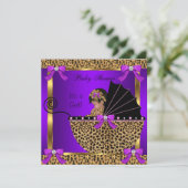 かわいい赤ちゃんシャワー赤ちゃん女の子レオパード紫ピンク 招待状 (スタンド正面)