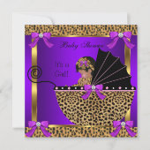 かわいい赤ちゃんシャワー赤ちゃん女の子レオパード紫ピンク 招待状 (正面)