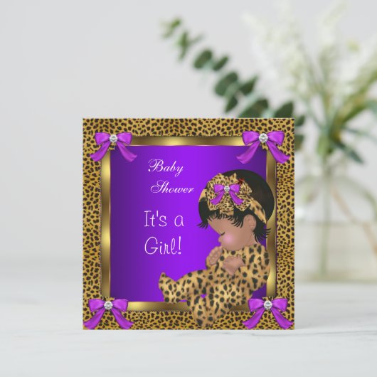 かわいい赤ちゃんシャワー赤ちゃん女の子レオパード紫金ゴールド2 招待状 (スタンド正面)