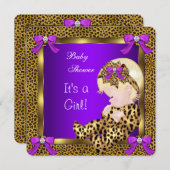 かわいい赤ちゃんシャワー赤ちゃん女の子レオパード紫金ゴールド3 招待状 (正面/裏面)