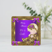 かわいい赤ちゃんシャワー赤ちゃん女の子レオパード紫金ゴールド3 招待状 (スタンド正面)