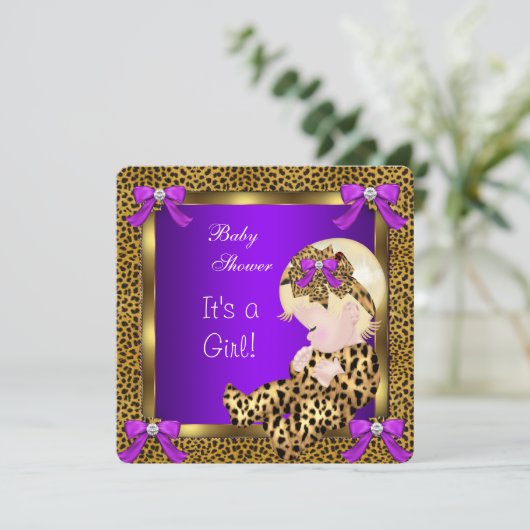 かわいい赤ちゃんシャワー赤ちゃん女の子レオパード紫金ゴールド3 招待状 (スタンド正面)