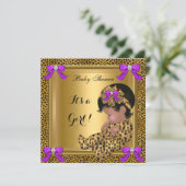 かわいい赤ちゃんシャワー赤ちゃん女の子レオパード紫金ゴールド4 招待状 (スタンド正面)