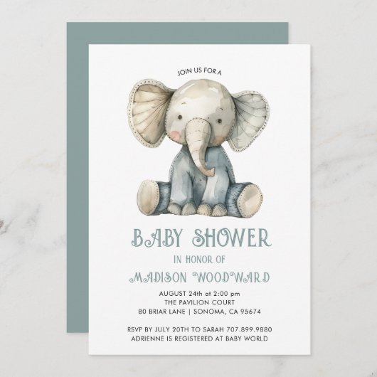 かわいい赤ちゃんシャワー青詰まった象おもちゃ 招待状 (正面/裏面)