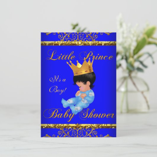かわいい赤ちゃんシャワー青金ゴールド少年プリンスクラウン3 招待状 (スタンド正面)