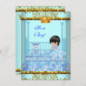 かわいい赤ちゃんシャワー青金ゴールド少年プリンスクラウン4 招待状 (正面/裏面)