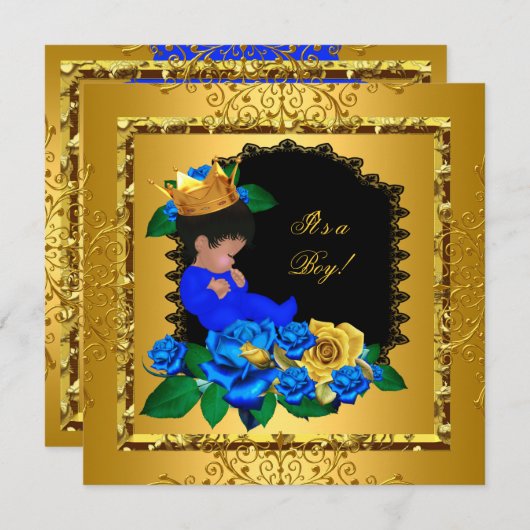 かわいい赤ちゃんシャワー青金ゴールド少年プリンスクラウン5 招待状 (正面/裏面)