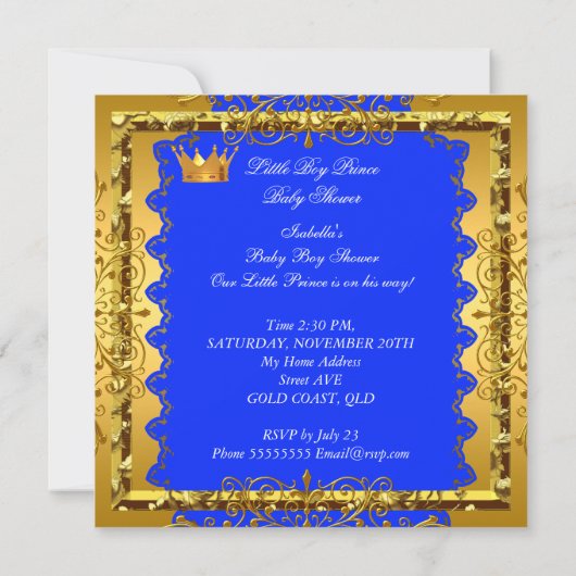 かわいい赤ちゃんシャワー青金ゴールド少年プリンスクラウン5 招待状 (裏面)