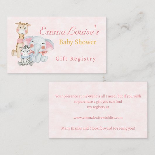 かわいい赤ちゃんシャワーSafari動物ギフトレジストリ エンクロージャーカード (正面/裏面)