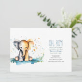かわいい赤ちゃんゾウのサファリをテーマにした男の子のベビーシャワー 招待状 (スタンド正面)