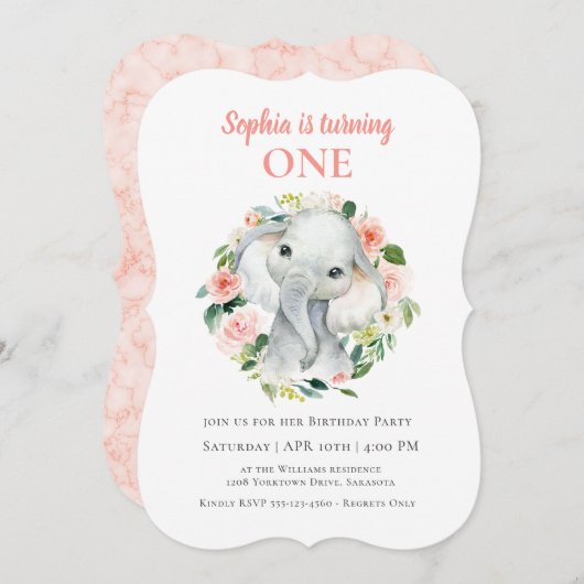 かわいい赤ちゃんゾウの女の子の1歳の誕生日パーティー 招待状 (正面/裏面)