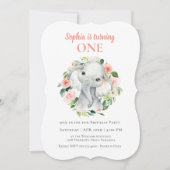 かわいい赤ちゃんゾウの女の子の1歳の誕生日パーティー 招待状 (正面)