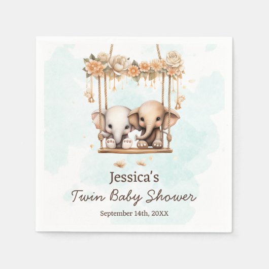 かわいい赤ちゃんゾウ 男女兼用 双子の赤ちゃんシャワー スタンダードカクテルナプキン (正面)