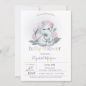 かわいい赤ちゃんゾウ 花 ポルカドット ベビーシャワー 招待状 (正面)