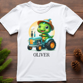 かわいい赤ちゃんティラノサウルスが青いトラクターを運転 Tシャツ
