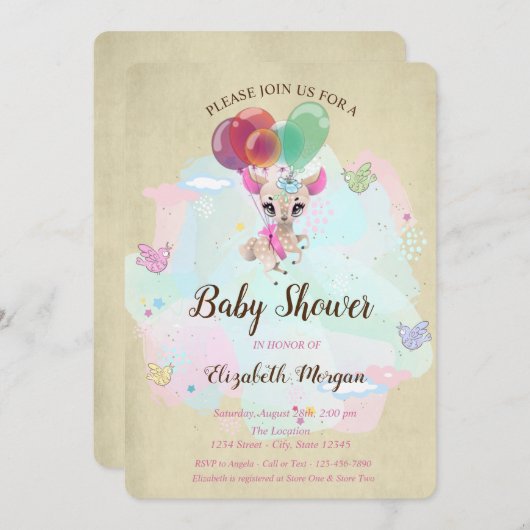 かわいい赤ちゃんディア、風船、蝶のベビーシャワー 招待状 (正面/裏面)