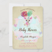 かわいい赤ちゃんディア、風船、蝶のベビーシャワー 招待状 (正面)