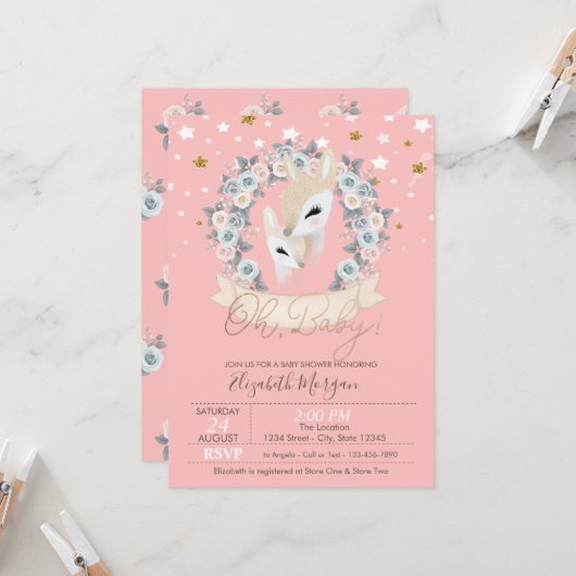 かわいい赤ちゃんトナカイ 花 星 赤ちゃん歓迎会 招待状 (正面/裏面インサイチュ)