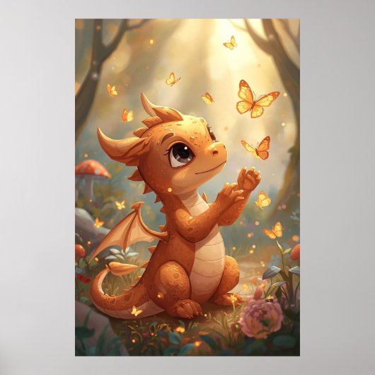 かわいい赤ちゃんドラゴンと蝶々の保育室の壁のアート ポスター (正面)