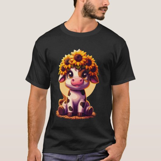 かわいい赤ちゃんハイランドカウとひまわりの子牛の動物 Tシャツ (正面)