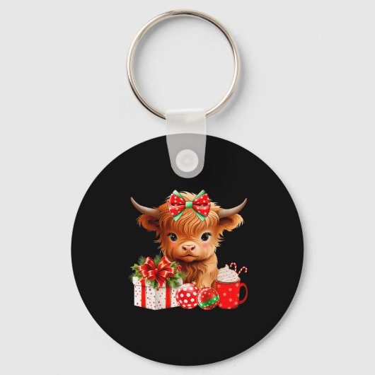 かわいい赤ちゃんハイランド牛メリークリスマス農家の牛 キーホルダー (正面)